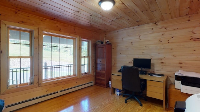 office space with a baseboard heating unit, wood walls, a healthy amount of sunlight, and light hardwood / wood-style floors