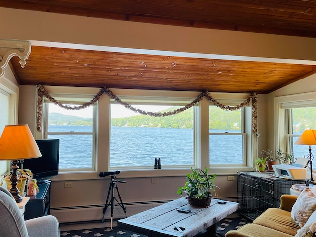 43 Jackson Lodge Rd, Canaan, VT 05903 - living room with baseboard heating, vaulted ceiling, wooden ceiling, and a water view