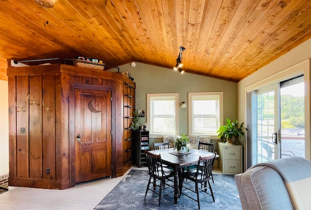 43 Jackson Lodge Rd, Canaan, VT 05903 - dining space featuring wooden ceiling, french doors, and lofted ceiling