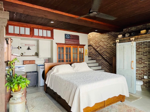 43 Jackson Lodge Rd, Canaan, VT 05903 - bedroom with wood ceiling, brick wall, ensuite bathroom, ceiling fan, and beam ceiling