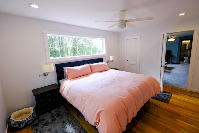 bedroom with recessed lighting, wood finished floors, and ceiling fan