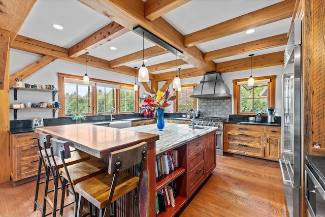 kitchen with premium appliances, beamed ceiling, light hardwood / wood-style flooring, tasteful backsplash, and wall chimney exhaust hood