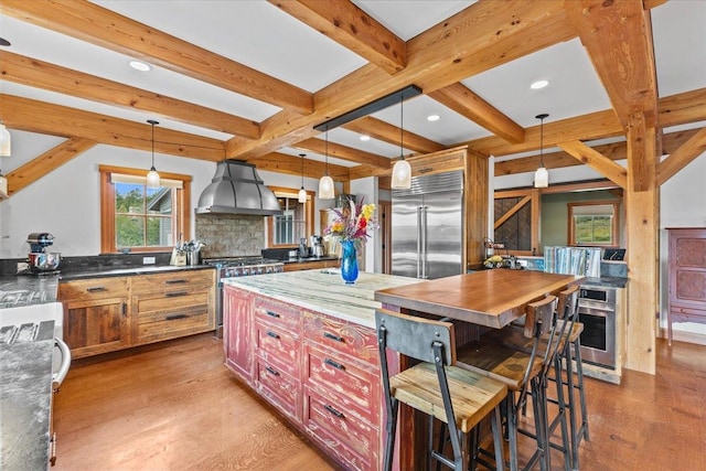 kitchen featuring island exhaust hood, light hardwood / wood-style flooring, backsplash, stainless steel appliances, and decorative light fixtures