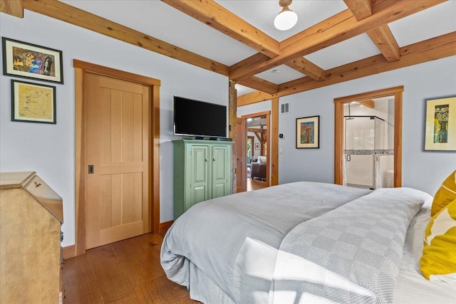 bedroom featuring coffered ceiling, beam ceiling, and dark wood-type flooring