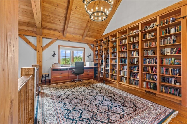 office space featuring a notable chandelier, vaulted ceiling with beams, hardwood / wood-style floors, and wooden ceiling