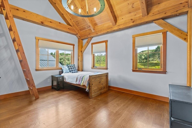 bedroom featuring lofted ceiling with beams, hardwood / wood-style floors, and wood ceiling