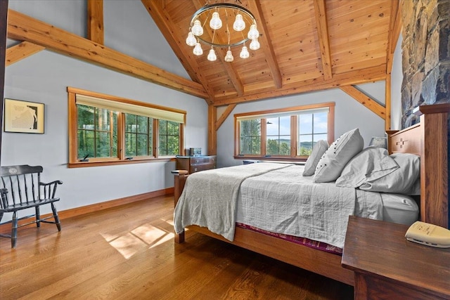 bedroom with wood ceiling, beamed ceiling, high vaulted ceiling, and light hardwood / wood-style flooring