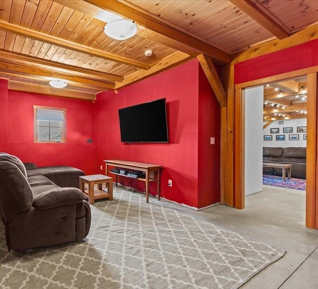 living room with wooden ceiling and beamed ceiling