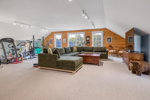 carpeted living room featuring plenty of natural light, vaulted ceiling, and wood walls