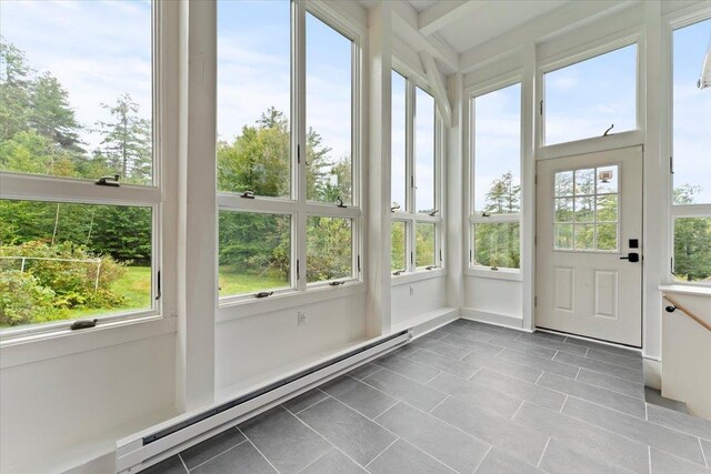 unfurnished sunroom featuring a baseboard radiator