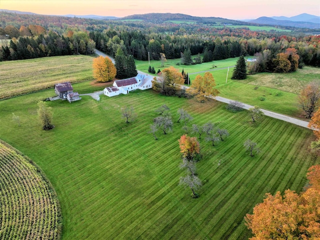 aerial view at dusk featuring a rural view