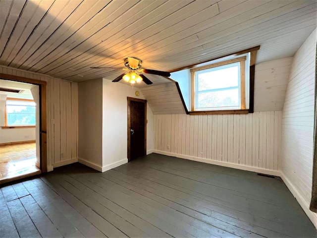 additional living space featuring dark hardwood / wood-style floors, wood walls, wooden ceiling, and ceiling fan