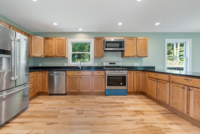 kitchen featuring appliances with stainless steel finishes, sink, light hardwood / wood-style flooring, and plenty of natural light