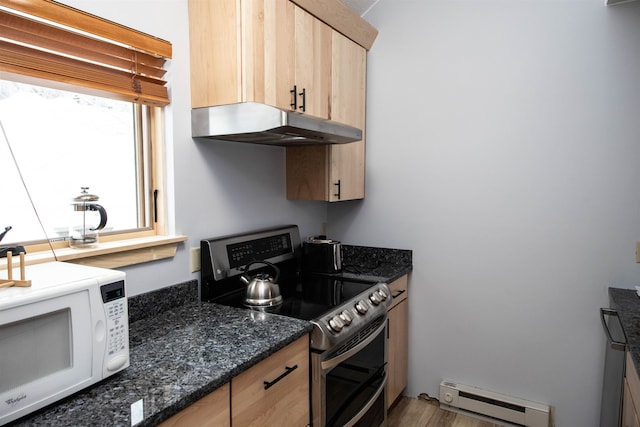 kitchen with hardwood / wood-style floors, light brown cabinets, stainless steel range with electric cooktop, a baseboard heating unit, and dark stone countertops