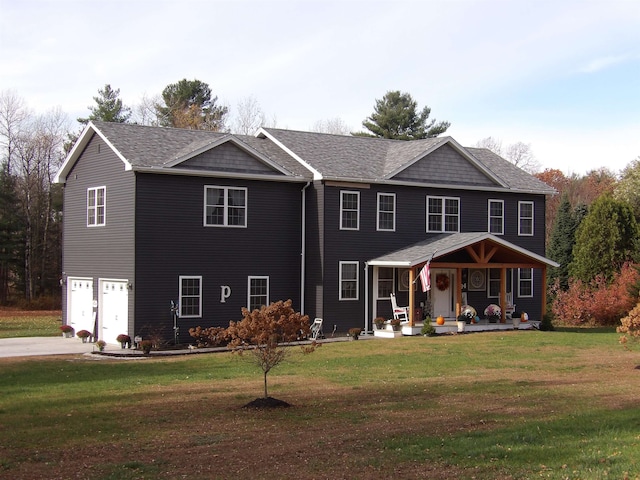 view of front of home with a front lawn and a garage