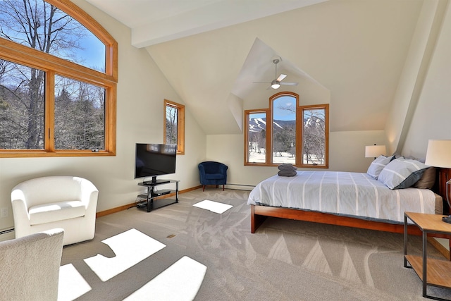 carpeted bedroom featuring baseboard heating, ceiling fan, and lofted ceiling with beams