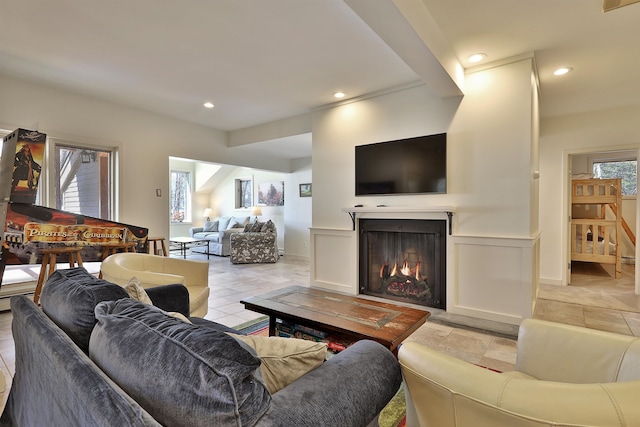 living room with light tile flooring