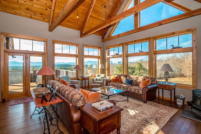 living room with dark wood-type flooring, high vaulted ceiling, beamed ceiling, and a wood stove