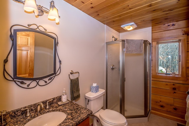 bathroom with walk in shower, tile patterned floors, toilet, wooden ceiling, and vanity