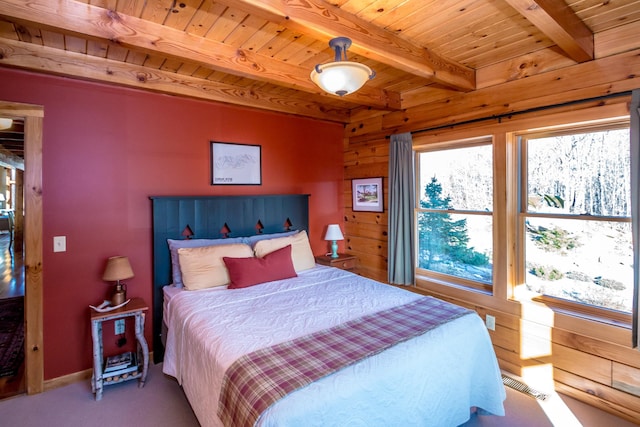 bedroom with wooden ceiling, beamed ceiling, and wood walls