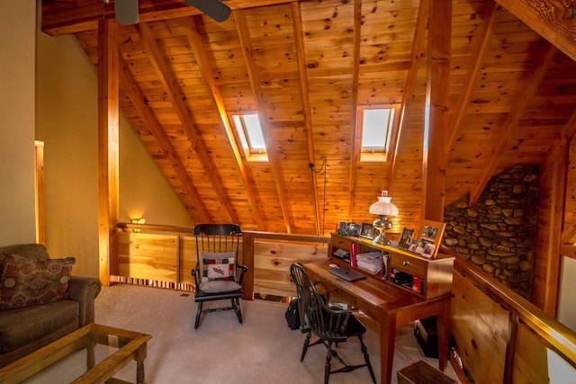 office area with lofted ceiling with skylight, carpet flooring, and wooden ceiling