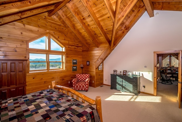 bedroom featuring high vaulted ceiling, carpet, wooden ceiling, beamed ceiling, and wood walls