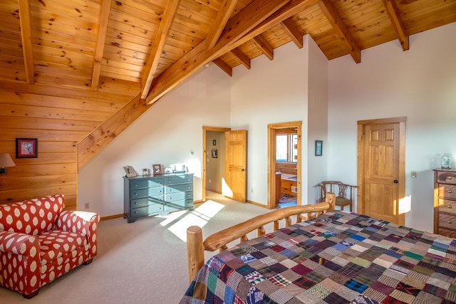 carpeted bedroom featuring high vaulted ceiling, wooden ceiling, and beam ceiling