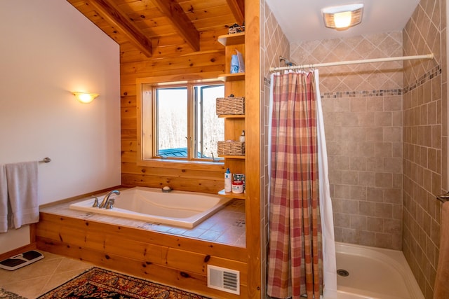 bathroom with beamed ceiling, tile patterned floors, and wooden ceiling