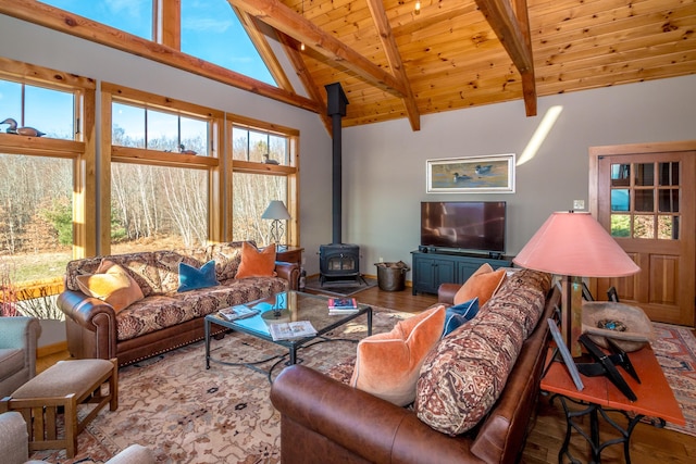 living room featuring high vaulted ceiling, wooden ceiling, a wood stove, hardwood / wood-style flooring, and beam ceiling