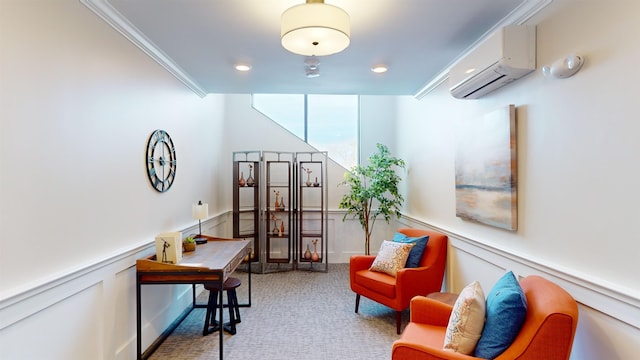 office area with ornamental molding and an AC wall unit