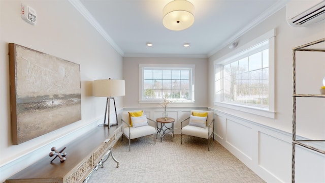 living area with crown molding, a wall mounted AC, and light carpet