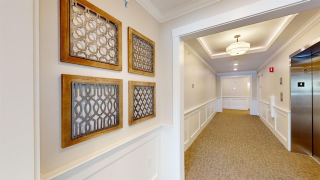 hall featuring ornamental molding, light carpet, and elevator