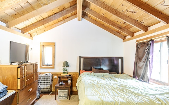 carpeted bedroom with wood ceiling, multiple windows, and vaulted ceiling with beams