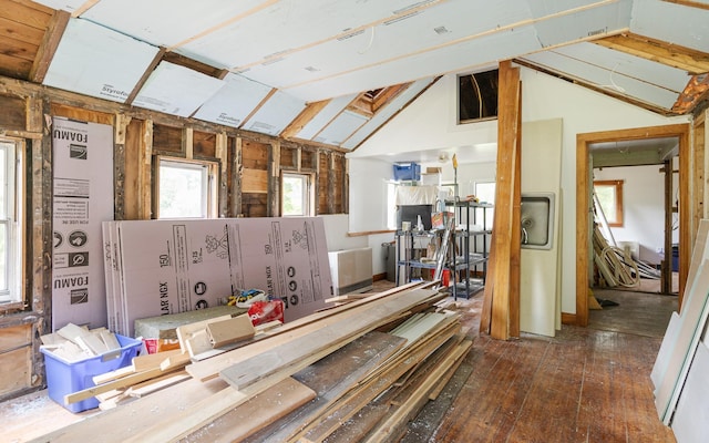 misc room with lofted ceiling and dark wood-type flooring