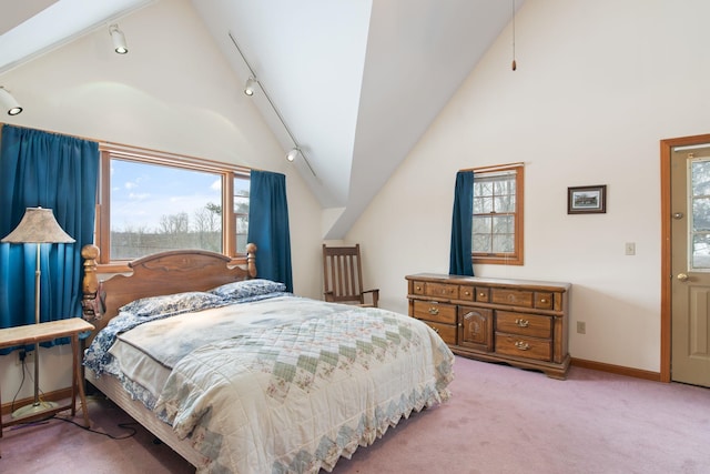 carpeted bedroom with track lighting, lofted ceiling, multiple windows, and baseboards