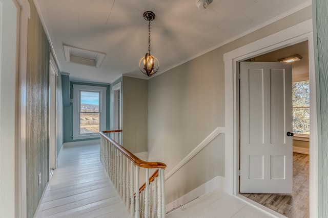 hallway with light hardwood / wood-style floors and crown molding