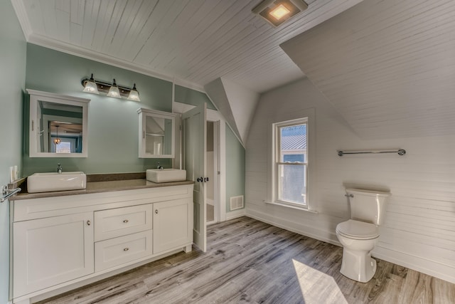 bathroom featuring vanity, lofted ceiling, wood-type flooring, and toilet