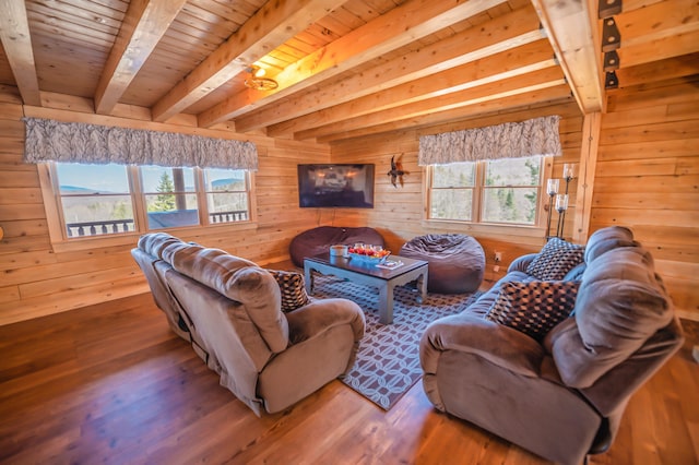 living room with wooden ceiling, hardwood / wood-style flooring, and plenty of natural light