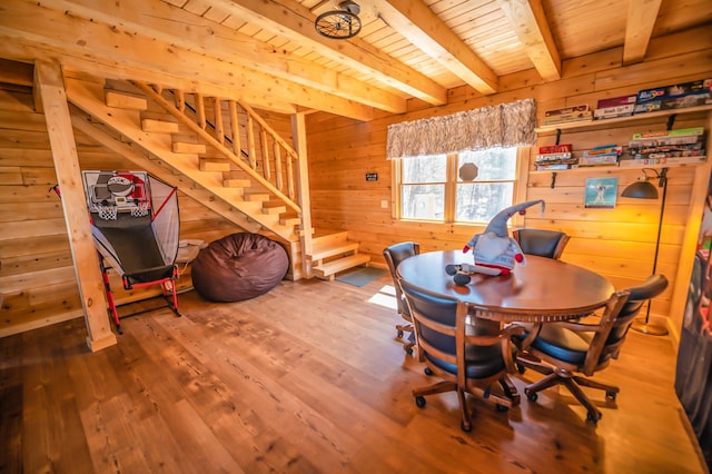 dining room featuring beam ceiling, wood ceiling, wooden walls, and wood-type flooring