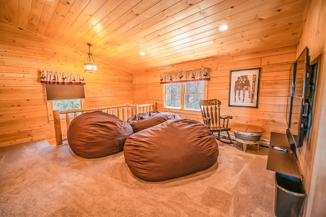 living room with light carpet, vaulted ceiling, and a healthy amount of sunlight