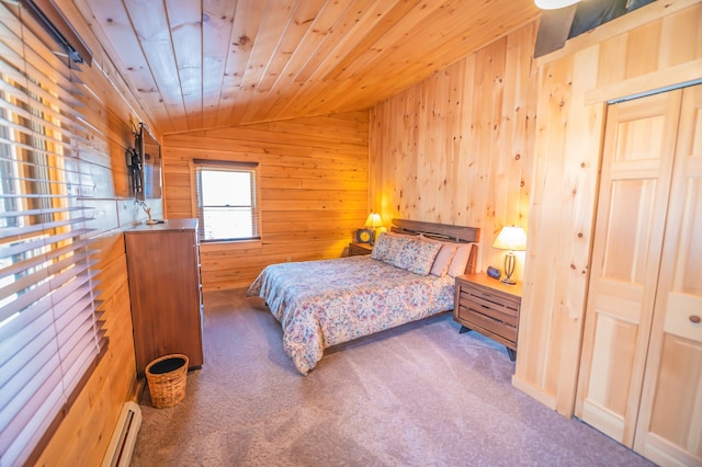 carpeted bedroom with wood walls, vaulted ceiling, and wood ceiling