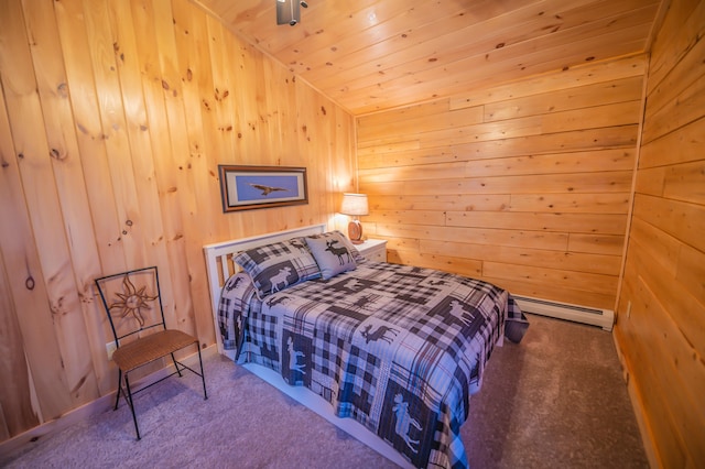 carpeted bedroom with wooden walls, lofted ceiling, a baseboard radiator, and wooden ceiling