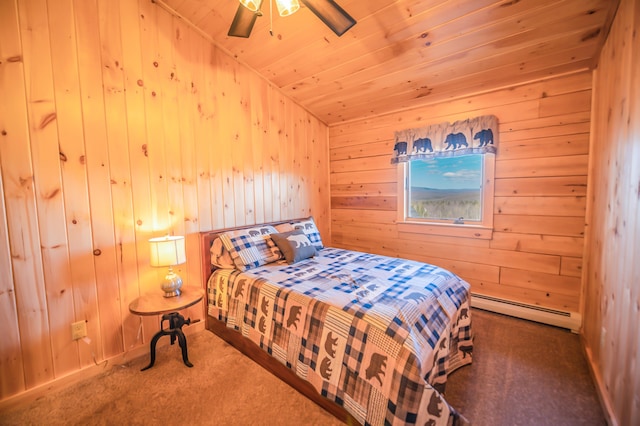 bedroom featuring dark colored carpet, ceiling fan, a baseboard radiator, wood walls, and vaulted ceiling