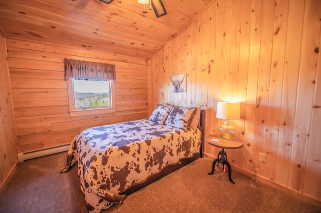 bedroom featuring ceiling fan, a baseboard radiator, dark colored carpet, vaulted ceiling, and wood ceiling