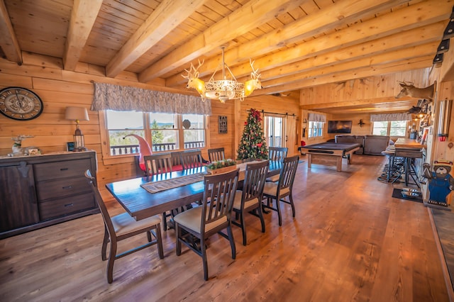 dining space featuring billiards, wood walls, a chandelier, plenty of natural light, and wood-type flooring