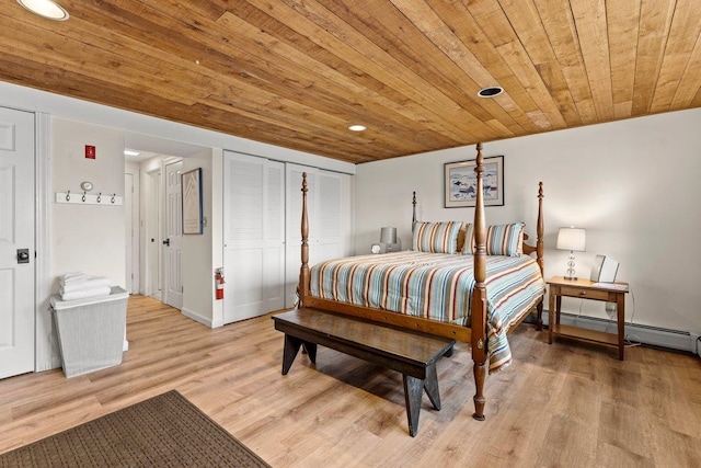 bedroom with light hardwood / wood-style floors, wood ceiling, and baseboard heating