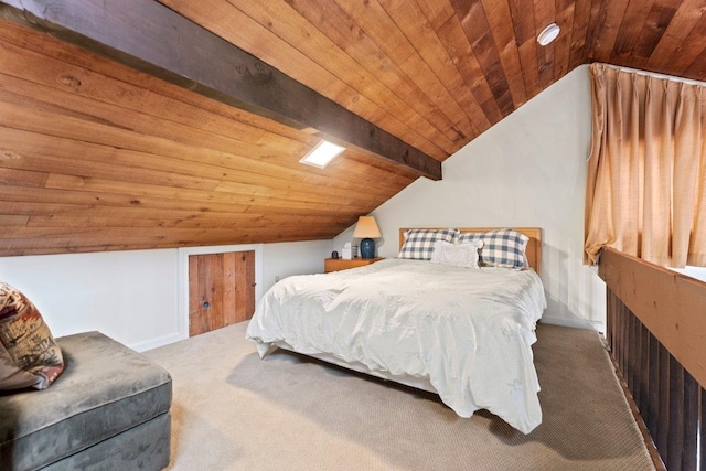 carpeted bedroom with vaulted ceiling with beams and wood ceiling