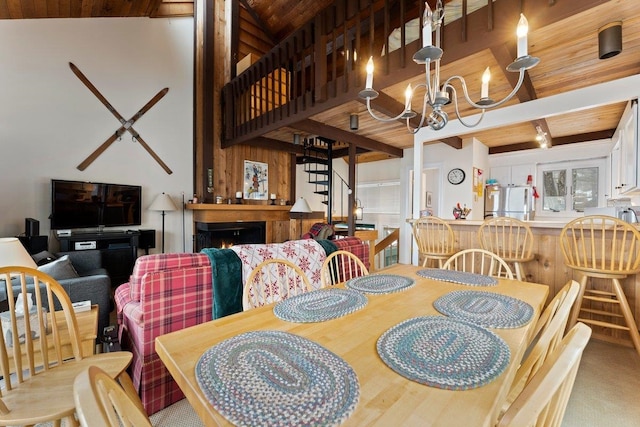 dining room featuring lofted ceiling with beams, wooden ceiling, and a notable chandelier