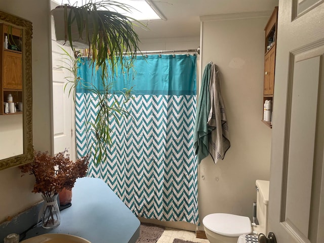 bathroom with a shower with shower curtain and toilet