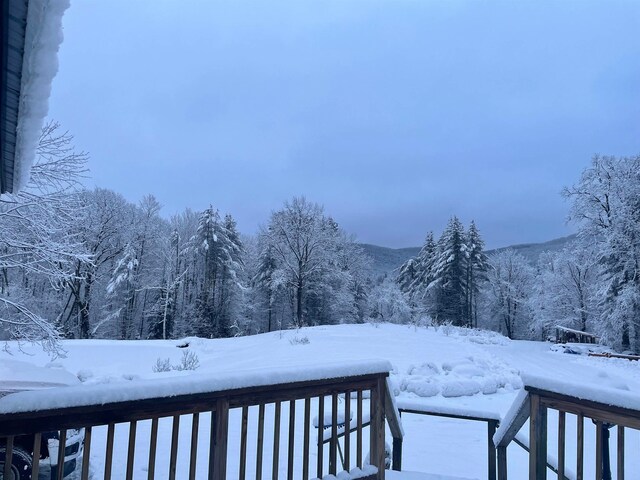 snowy yard featuring a wooded view